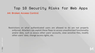 Top 10 Security Risks for Web Apps
Restrictions on what authenticated users are allowed to do are not properly
enforced. Attackers can exploit these flaws to access unauthorized functionality
and/or data, such as access other users' accounts, view sensitive files, modify
other users’ data, change access rights, etc.
A4: Broken Access Control
 