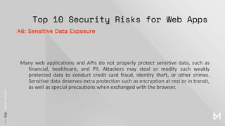 Top 10 Security Risks for Web Apps
Many web applications and APIs do not properly protect sensitive data, such as
financial, healthcare, and PII. Attackers may steal or modify such weakly
protected data to conduct credit card fraud, identity theft, or other crimes.
Sensitive data deserves extra protection such as encryption at rest or in transit,
as well as special precautions when exchanged with the browser.
A6: Sensitive Data Exposure
 