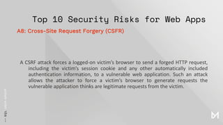 Top 10 Security Risks for Web Apps
A CSRF attack forces a logged-on victim’s browser to send a forged HTTP request,
including the victim’s session cookie and any other automatically included
authentication information, to a vulnerable web application. Such an attack
allows the attacker to force a victim’s browser to generate requests the
vulnerable application thinks are legitimate requests from the victim.
A8: Cross-Site Request Forgery (CSFR)
 