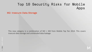 Top 10 Security Risks for Mobile
Apps
This new category is a combination of M2 + M4 from Mobile Top Ten 2014. This covers
insecure data storage and unintended data leakage.
M2: Insecure Data Storage
 