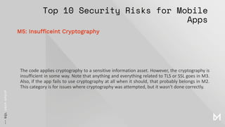 Top 10 Security Risks for Mobile
Apps
The code applies cryptography to a sensitive information asset. However, the cryptography is
insufficient in some way. Note that anything and everything related to TLS or SSL goes in M3.
Also, if the app fails to use cryptography at all when it should, that probably belongs in M2.
This category is for issues where cryptography was attempted, but it wasn't done correctly.
M5: Insufficeint Cryptography
 