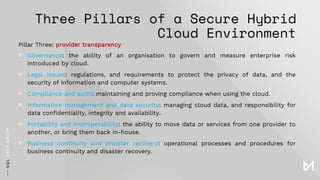 Three Pillars of a Secure Hybrid
Cloud Environment
Pillar Three: provider transparency
× Governance: the ability of an organisation to govern and measure enterprise risk
introduced by cloud.
× Legal issues: regulations, and requirements to protect the privacy of data, and the
security of information and computer systems.
× Compliance and audit: maintaining and proving compliance when using the cloud.
× Information management and data security: managing cloud data, and responsibility for
data confidentiality, integrity and availability.
× Portability and interoperability: the ability to move data or services from one provider to
another, or bring them back in-house.
× Business continuity and disaster recovery: operational processes and procedures for
business continuity and disaster recovery.
 