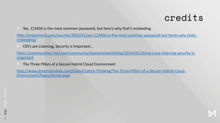 credits
× Yes, 123456 is the most common password, but here’s why that’s misleading
http://arstechnica.com/security/2015/01/yes-123456-is-the-most-common-password-but-heres-why-thats-
misleading/
× CIO’s are Listening, Security is Important…
https://communities.intel.com/community/itpeernetwork/blog/2014/05/20/cio-s-are-listening-security-is-
important
× The Three Pillars of a Secure Hybrid Cloud Environment
http://www.dimensiondata.com/Global/Latest-Thinking/The-Three-Pillars-of-a-Secure-Hybrid-Cloud-
Environment/Pages/Home.aspx
 