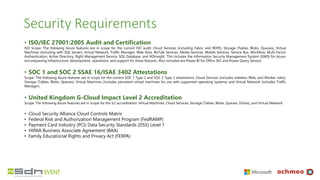 Security Requirements
• ISO/IEC 27001:2005 Audit and Certification
ISO Scope: The following Azure features are in scope for the current ISO audit: Cloud Services (including Fabric and RDFE), Storage (Tables, Blobs, Queues), Virtual
Machines (including with SQL Server), Virtual Network, Traffic Manager, Web Sites, BizTalk Services, Media Services, Mobile Services, Service Bus, Workflow, Multi-Factor
Authentication, Active Directory, Right Management Service, SQL Database, and HDInsight. This includes the Information Security Management System (ISMS) for Azure,
encompassing infrastructure, development, operations, and support for these features. Also included are Power BI for Office 365 and Power Query Service.
• SOC 1 and SOC 2 SSAE 16/ISAE 3402 Attestations
Scope: The following Azure features are in scope for the current SOC 1 Type 2 and SOC 2 Type 2 attestations: Cloud Services (includes stateless Web, and Worker roles),
Storage (Tables, Blobs, Queues), Virtual Machines (includes persistent virtual machines for use with supported operating systems) and Virtual Network (includes Traffic
Manager).
• United Kingdom G-Cloud Impact Level 2 Accreditation
Scope: The following Azure features are in scope for the IL2 accreditation: Virtual Machines, Cloud Services, Storage (Tables, Blobs, Queues, Drives), and Virtual Network.
• Cloud Security Alliance Cloud Controls Matrix
• Federal Risk and Authorization Management Program (FedRAMP)
• Payment Card Industry (PCI) Data Security Standards (DSS) Level 1
• HIPAA Business Associate Agreement (BAA)
• Family Educational Rights and Privacy Act (FERPA)
 