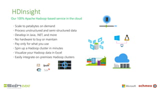 HDInsight
Our 100% Apache Hadoop-based service in the cloud
◦ Scale to petabytes on demand
◦ Process unstructured and semi-structured data
◦ Develop in Java, .NET, and more
◦ No hardware to buy or maintain
◦ Pay only for what you use
◦ Spin up a Hadoop cluster in minutes
◦ Visualize your Hadoop data in Excel
◦ Easily integrate on-premises Hadoop clusters
 
