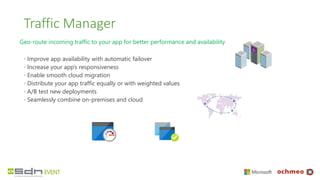 Traffic Manager
Geo-route incoming traffic to your app for better performance and availability
◦ Improve app availability with automatic failover
◦ Increase your app’s responsiveness
◦ Enable smooth cloud migration
◦ Distribute your app traffic equally or with weighted values
◦ A/B test new deployments
◦ Seamlessly combine on-premises and cloud
 