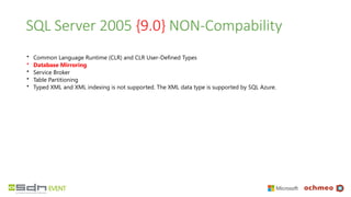 SQL Server 2005 {9.0} NON-Compability
• Common Language Runtime (CLR) and CLR User-Defined Types
• Database Mirroring
• Service Broker
• Table Partitioning
• Typed XML and XML indexing is not supported. The XML data type is supported by SQL Azure.
 
