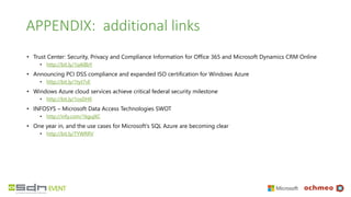 APPENDIX: additional links
• Trust Center: Security, Privacy and Compliance Information for Office 365 and Microsoft Dynamics CRM Online
• http://bit.ly/1q4i8bY
• Announcing PCI DSS compliance and expanded ISO certification for Windows Azure
• http://bit.ly/1tyt7vE
• Windows Azure cloud services achieve critical federal security milestone
• http://bit.ly/1osDHfi
• INFOSYS – Microsoft Data Access Technologies SWOT
• http://infy.com/1kgujKC
• One year in, and the use cases for Microsoft's SQL Azure are becoming clear
• http://bit.ly/TYWRRV
 