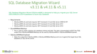 SQL Database Migration Wizard
v3.11 & v4.11 & v5.11
SQL Database Migration Wizard (SQLAzureMW) is designed to help you migrate your SQL Server
2005/2008/2012/2014 databases to Azure SQL Database.
• Requirements
• SQLAzureMW v3x and tools requires .NET Framework 3.5 and SQL Server 2008 R2 SP1
• SQLAzureMW v4x and tools requires .NET Framework 4.5 and SQL Server 2012
• SQLAzureMW v5x and tools requires .NET Framework 4.5 and SQL Server 2014
• AzureMWBatchBackup:
• This is used to create a backup of a database schema and data. The data is downloaded via BCP. The TSQL
output from SQLAzureMWBatchBackup can be used by SQLAzureMW or SQLAzureMWBatchUpload.
• SQLAzureMWBatchUpload:
• Takes the output from SQLAzureMW or SQLAzureMWBatchBackup and runs it against the target Azure SQL
Database (or SQL Server) server.
 