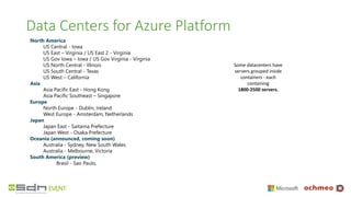 Data Centers for Azure Platform
North America
US Central - Iowa
US East – Virginia / US East 2 - Virginia
US Gov Iowa – Iowa / US Gov Virginia - Virginia
US North Central - Illinois
US South Central - Texas
US West – California
Asia
Asia Pacific East - Hong Kong
Asia Pacific Southeast – Singapore
Europe
North Europe - Dublin, Ireland
West Europe - Amsterdam, Netherlands
Japan
Japan East - Saitama Prefecture
Japan West - Osaka Prefecture
Oceania (announced, coming soon)
Australia - Sydney, New South Wales
Australia - Melbourne, Victoria
South America (preview)
Brasil - Sao Paulo,
Some datacenters have
servers grouped inside
containers - each
containing
1800-2500 servers.
 