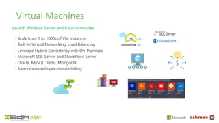 Virtual Machines
Launch Windows Server and Linux in minutes
◦ Scale from 1 to 1000s of VM Instances
◦ Built-in Virtual Net...