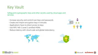 Key Vault
Safeguard cryptographic keys and other secrets used by cloud apps and
services
◦ Increase security and control o...