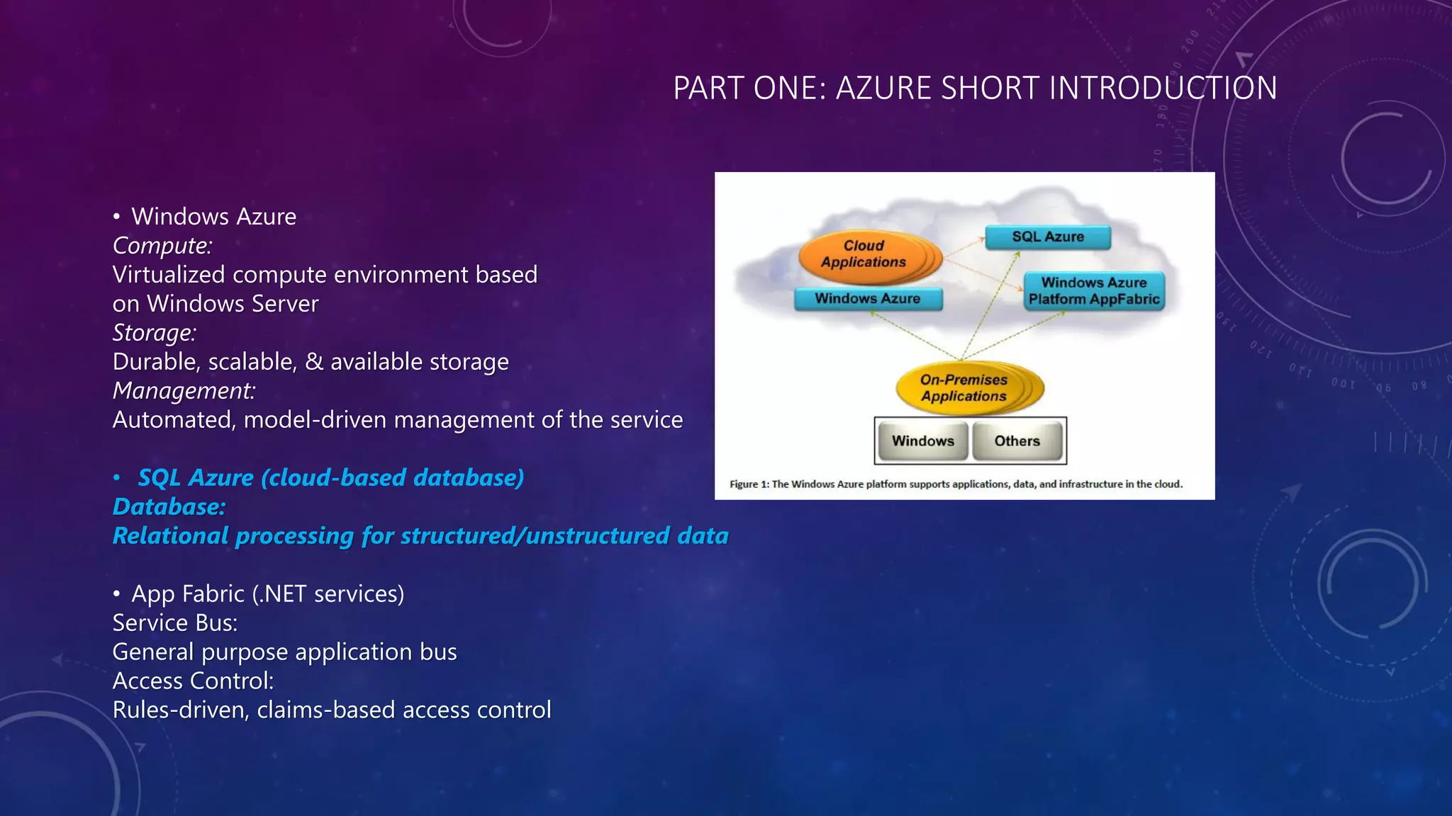 PART ONE: AZURE SHORT INTRODUCTION
• Windows Azure
Compute:
Virtualized compute environment based
on Windows Server
Storage:
Durable, scalable, & available storage
Management:
Automated, model-driven management of the service
• SQL Azure (cloud-based database)
Database:
Relational processing for structured/unstructured data
• App Fabric (.NET services)
Service Bus:
General purpose application bus
Access Control:
Rules-driven, claims-based access control
 