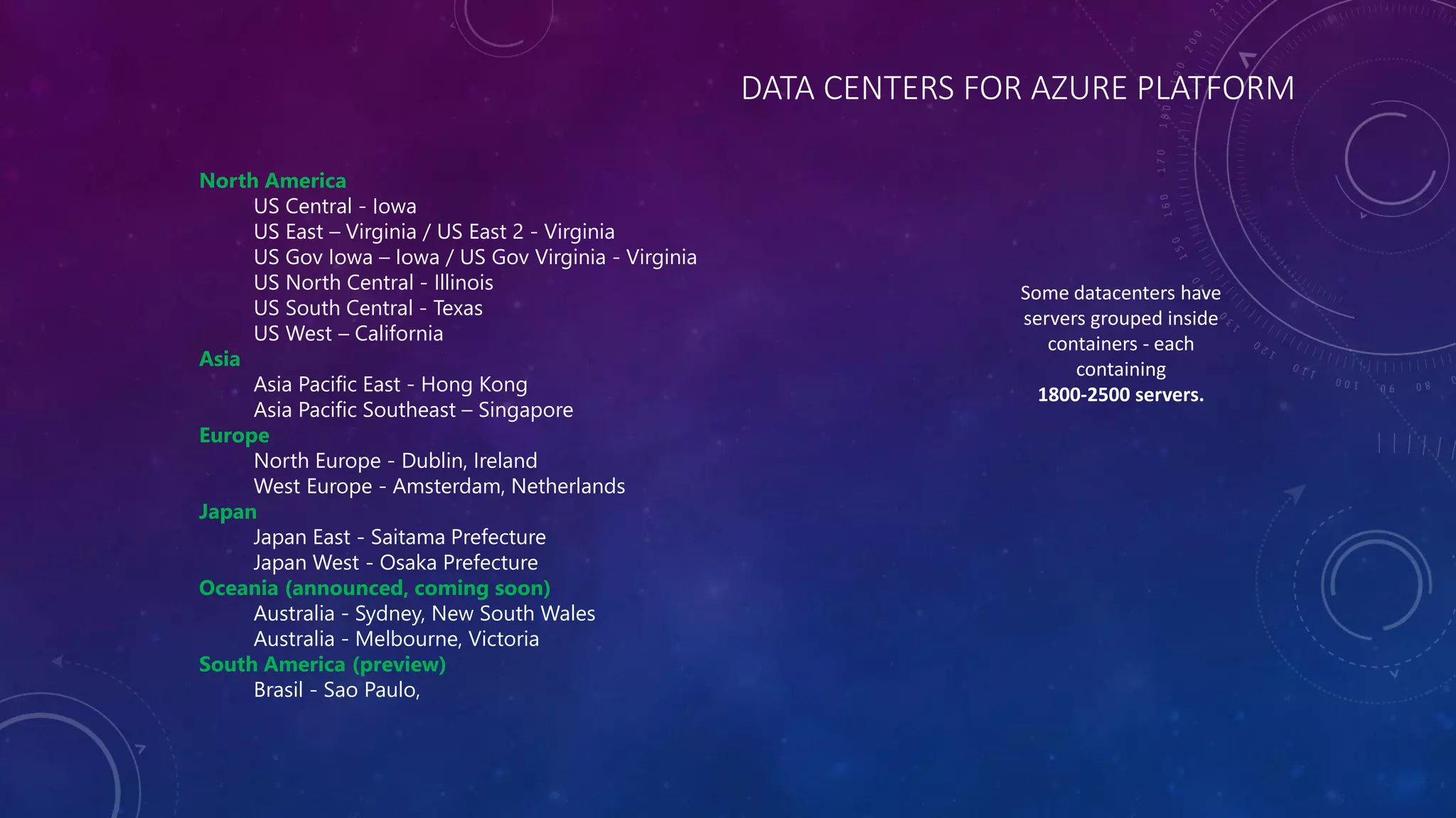 DATA CENTERS FOR AZURE PLATFORM
North America
US Central - Iowa
US East – Virginia / US East 2 - Virginia
US Gov Iowa – Iowa / US Gov Virginia - Virginia
US North Central - Illinois
US South Central - Texas
US West – California
Asia
Asia Pacific East - Hong Kong
Asia Pacific Southeast – Singapore
Europe
North Europe - Dublin, Ireland
West Europe - Amsterdam, Netherlands
Japan
Japan East - Saitama Prefecture
Japan West - Osaka Prefecture
Oceania (announced, coming soon)
Australia - Sydney, New South Wales
Australia - Melbourne, Victoria
South America (preview)
Brasil - Sao Paulo,
Some datacenters have
servers grouped inside
containers - each
containing
1800-2500 servers.
 