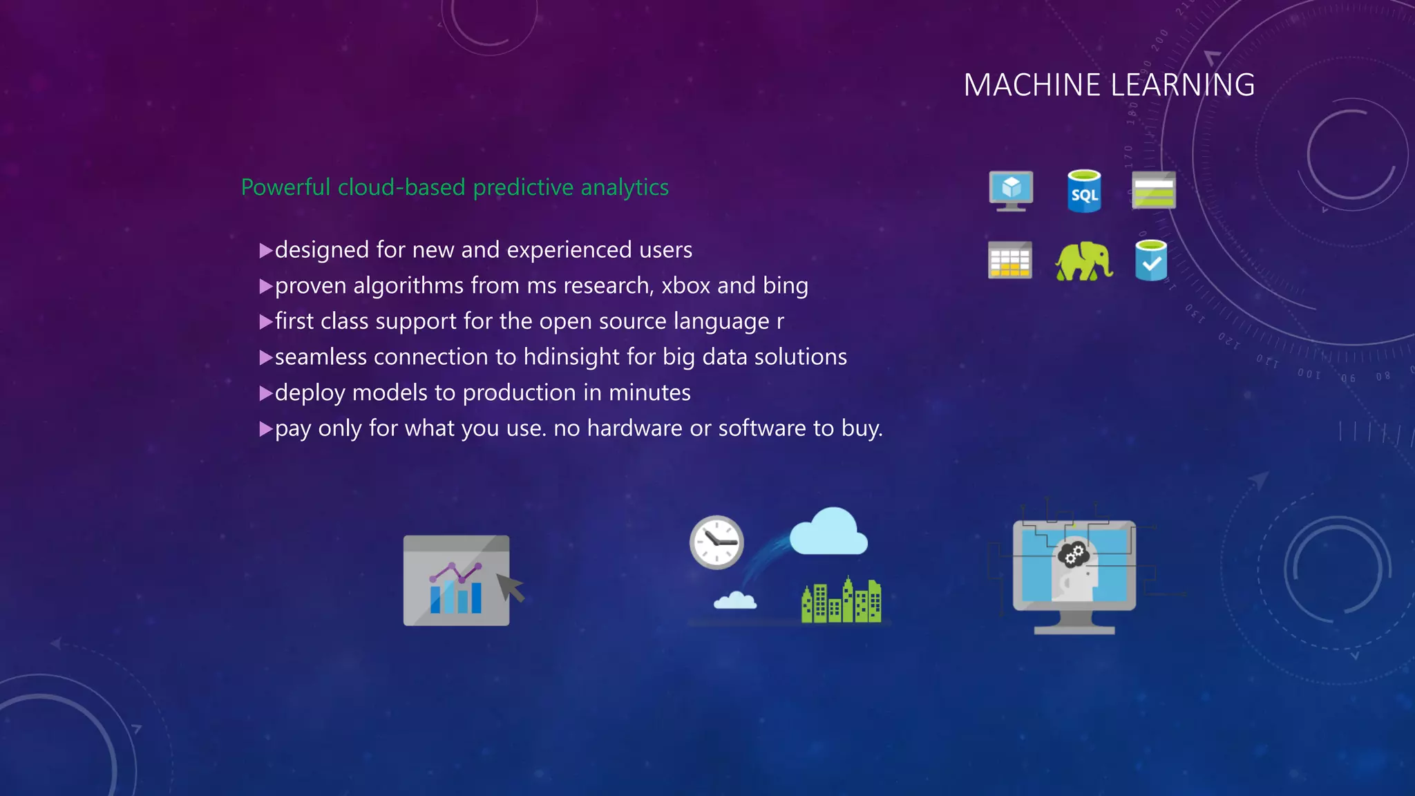 MACHINE LEARNING
Powerful cloud-based predictive analytics
designed for new and experienced users
proven algorithms from ms research, xbox and bing
first class support for the open source language r
seamless connection to hdinsight for big data solutions
deploy models to production in minutes
pay only for what you use. no hardware or software to buy.
 