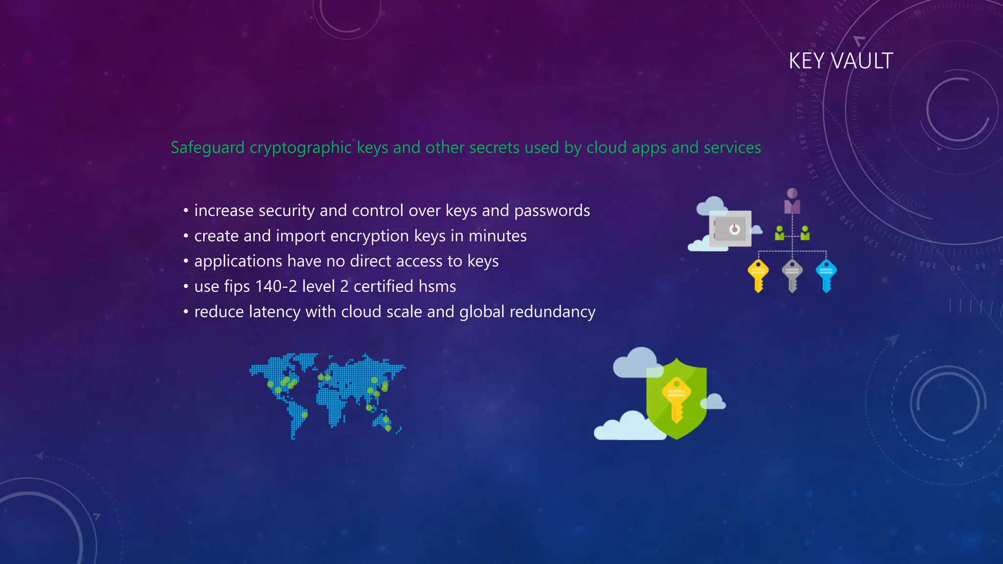 KEY VAULT
Safeguard cryptographic keys and other secrets used by cloud apps and services
• increase security and control over keys and passwords
• create and import encryption keys in minutes
• applications have no direct access to keys
• use fips 140-2 level 2 certified hsms
• reduce latency with cloud scale and global redundancy
 