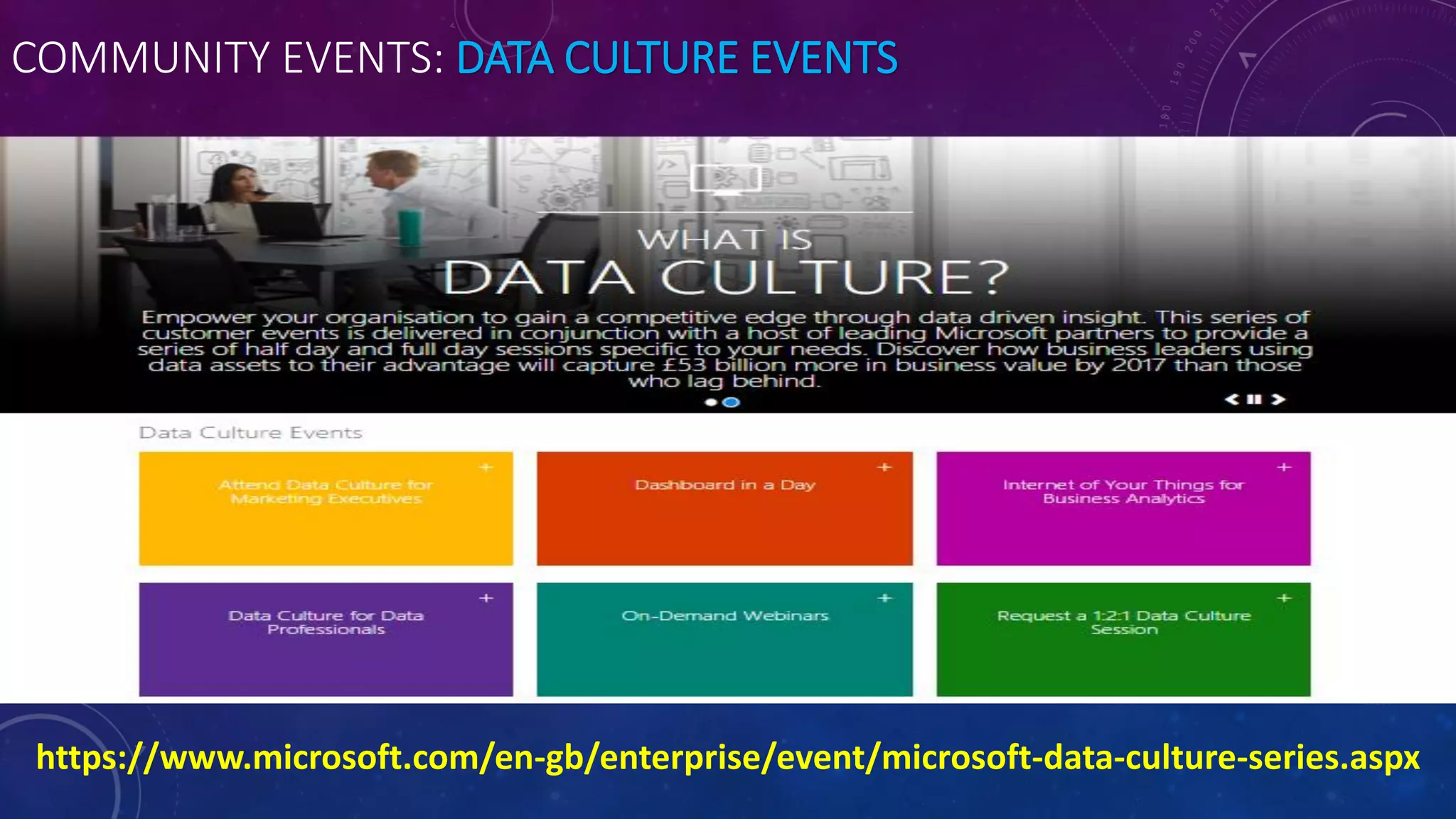 COMMUNITY EVENTS: DATA CULTURE EVENTS
https://www.microsoft.com/en-gb/enterprise/event/microsoft-data-culture-series.aspx
 