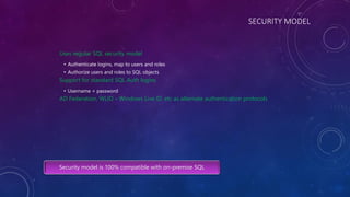 SECURITY MODEL
Uses regular SQL security model
• Authenticate logins, map to users and roles
• Authorize users and roles to SQL objects
Support for standard SQL Auth logins
• Username + password
AD Federation, WLID – Windows Live ID, etc as alternate authentication protocols
[admin, administrator, guest, root, sa]
Security model is 100% compatible with on-premise SQL
 
