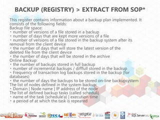 BACKUP (REGISTRY) > EXTRACT FROM SOP*
This register contains information about a backup plan implemented. It
consists of t...
