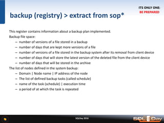 SQLDay 2016
backup (registry) > extract from sop*
This register contains information about a backup plan implemented.
Backup file space:
– number of versions of a file stored in a backup
– number of days that are kept more versions of a file
– number of versions of a file stored in the backup system after its removal from client device
– number of days that will store the latest version of the deleted file from the client device
– number of days that will be stored in the archive
The list of nodes defined in the system backup:
– Domain | Node name | IP address of the node
– The list of defined backup tasks (called schedule)
– name of the task (schedule) | execution time
– a period of at which the task is repeated
ITS ONLY ONE:
BE PREPARED
 