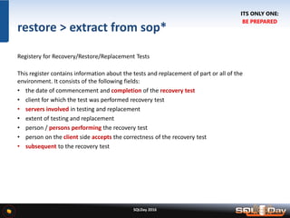 SQLDay 2016
restore > extract from sop*
Registery for Recovery/Restore/Replacement Tests
This register contains information about the tests and replacement of part or all of the
environment. It consists of the following fields:
• the date of commencement and completion of the recovery test
• client for which the test was performed recovery test
• servers involved in testing and replacement
• extent of testing and replacement
• person / persons performing the recovery test
• person on the client side accepts the correctness of the recovery test
• subsequent to the recovery test
ITS ONLY ONE:
BE PREPARED
 