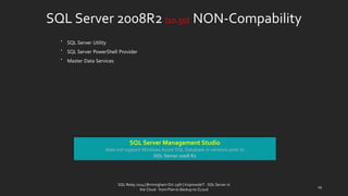 SQL Server 2008R2 {10.50} NON-Compability 
•SQL Server Utility 
•SQL Server PowerShell Provider 
•Master Data Services 
SQL Server Management Studio 
does not support Windows Azure SQL Database in versions prior to 
SQL Server 2008 R2 
19 
SQL Relay 2014 | Birmingham Oct 29th | KoprowskiT - SQL Server in 
the Cloud - from Plan to Backup to CLoud 
 