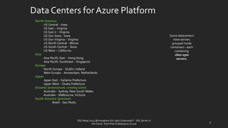 Data Centersfor AzurePlatform 
SQL Relay 2014 | Birmingham Oct 29th | KoprowskiT - SQL Server in 
the Cloud - from Plan to Backup to CLoud 
9 
North America 
US Central -Iowa 
US East -Virginia 
US East 2 -Virginia 
US GovIowa -Iowa 
US GovVirginia -Virginia 
US North Central -Illinois 
US South Central -Texas 
US West –California 
Asia 
Asia Pacific East -Hong Kong 
Asia Pacific Southeast –Singapore 
Europe 
North Europe -Dublin, Ireland 
West Europe -Amsterdam, Netherlands 
Japan 
Japan East -Saitama Prefecture 
Japan West -Osaka Prefecture 
Oceania (announced, coming soon) 
Australia -Sydney, New South Wales 
Australia -Melbourne, Victoria 
SouthAmerica(preview) 
Brasil-Sao Paulo, 
Some datacenters have servers grouped inside containers -each containing 
1800-2500 servers.  