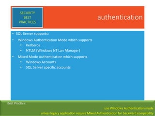 authentication
• SQL Server supports:
• Windows Authentication Mode which supports
• Kerberos
• NTLM (Windows NT Lan Manager)
• Mixed Mode Authentication which supports
• Windows Accounts
• SQL Server specific accounts
SECURITY
BEST
PRACTICES
Best Practice:
use Windows Authentication mode
unless legacy application require Mixed Authentication for backward compability
 