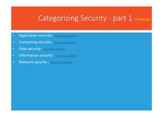 Categorizing Security - part 1 {IT REALM}
• Application security | http://bit.ly/18u8J6p
• Computing security | http://bit.ly/1ARdRLd
• Data security | http://bit.ly/185wfph
• Information security | http://bit.ly/1ARe0ya
• Network security | http://bit.ly/1C443R8
 