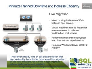 High
    Minimize Planned Downtime and Increase Efficiency                                Availability




                                                      Live Migration
                                                      • Move running instances of VMs
                                                        between host servers
Applications &
Business Logic             11001010
                           11001010
                            11001010
                            11001010
                              0101
                              0101
                               0101
                               0101
                           11001010
                           11001010
                            11001010
                            11001010
                                                      • Virtual machines can be moved for
                              0101




                                                        maintenance or to balance
                              0101
                               0101
                               0101
                            110010
                             110010
                             110010
                              110010




                                                        workload on host servers
                           11001010        11001010
                                           11001010




                                                      • Perform maintenance on physical
                           11001010
                             0101
                             0101            0101
                                             0101
                           11001010
                           11001010        11001010
                                           11001010
                             0101
                             0101            0101
                                             0101
                            110010
                            110010          110010
                                            110010




                                                        machines without any downtime
                                                      • Requires Windows Server 2008 R2
                                                        Hyper-v


     “This server already runs on our cluster solution with
     high availability, but after we have tested live migration
     on the new hardware, we’ll move it over to ensure
     optimal performance and reliability”
                 —Rodrigo Immaginario, IT Manager, Universidade Vila Velha
 
