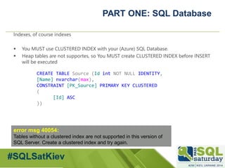 #sqlsatMoscow 
PART ONE: SQL Database 
Indexes, of courseindexes 
You MUST use CLUSTERED INDEX with your (Azure)SQL Datab...