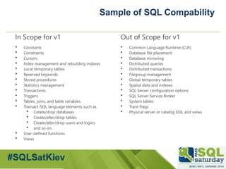#sqlsatMoscow 
Sample of SQL Compability 
In Scope for v1 
Constants 
Constraints 
Cursors 
Index management and rebui...