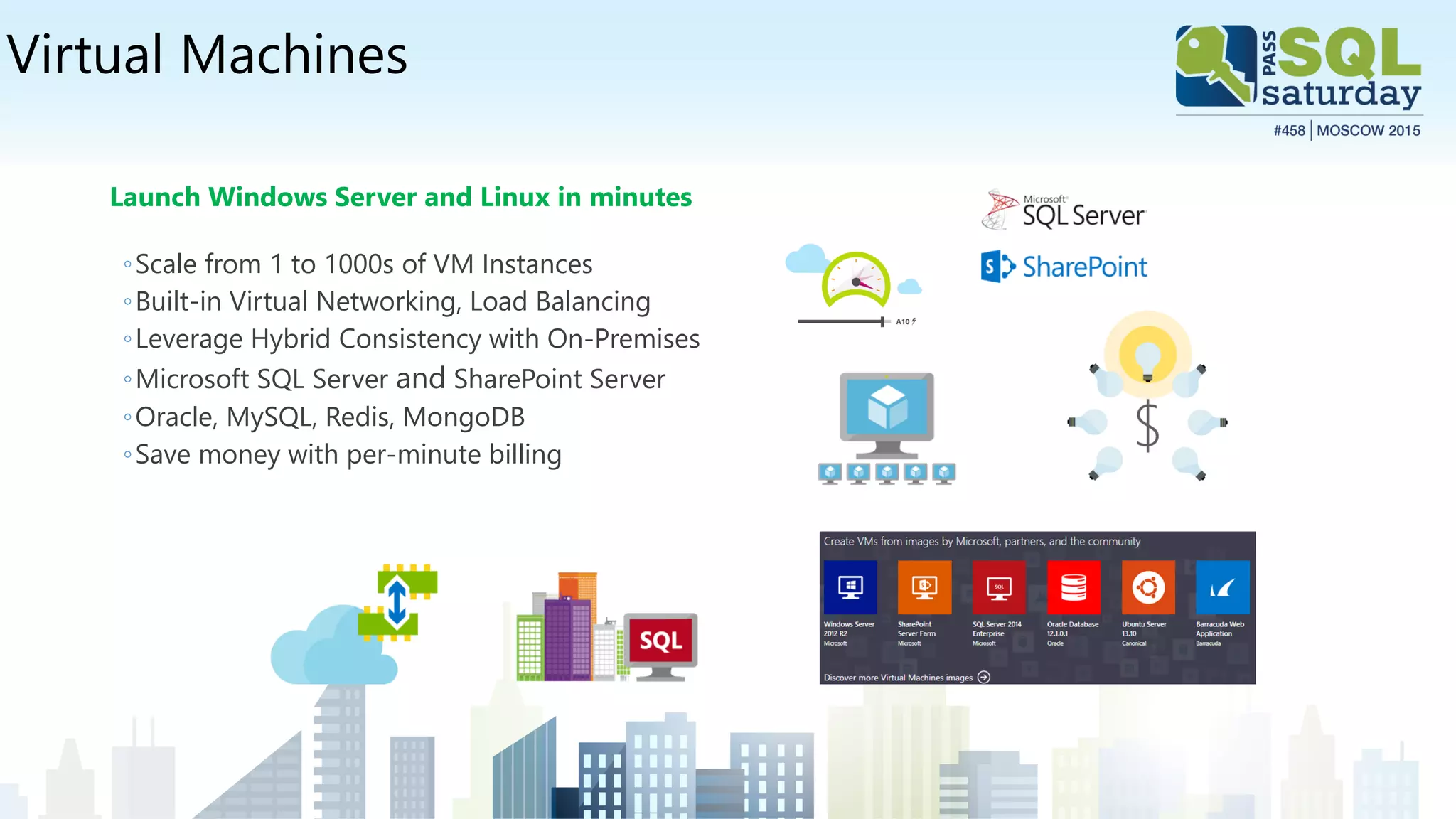 Virtual Machines
Launch Windows Server and Linux in minutes
◦Scale from 1 to 1000s of VM Instances
◦Built-in Virtual Networking, Load Balancing
◦Leverage Hybrid Consistency with On-Premises
◦Microsoft SQL Server and SharePoint Server
◦Oracle, MySQL, Redis, MongoDB
◦Save money with per-minute billing
 