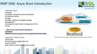 PART ONE: Azure Short Introduction
• Windows Azure
Compute:
Virtualized compute environment based
on Windows Server
Storage:
Durable, scalable, & available storage
Management:
Automated, model-driven management of the
service
• SQL Azure (cloud-based database)
Database:
Relational processing for structured/unstructured data
• App Fabric (.NET services)
Service Bus:
General purpose application bus
Access Control:
Rules-driven, claims-based access control
 