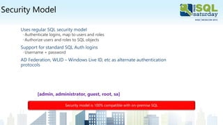 Security Model
Uses regular SQL security model
◦Authenticate logins, map to users and roles
◦Authorize users and roles to SQL objects
Support for standard SQL Auth logins
◦Username + password
AD Federation, WLID – Windows Live ID, etc as alternate authentication
protocols
[admin, administrator, guest, root, sa]
Security model is 100% compatible with on-premise SQL
 