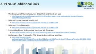 APPENDIX: additional links
• Windows Azure IT Camp Resources–Slide Deck and Hands-on-Lab
• http://blogs.technet.com/b/bobh/archive/2013/09/18/windows-azure-it-camp-resources-slide-deck-and-hands-on-
lab.aspx#sthash.yFgxwPLv.dpuf
• Microsoft Azure Free one month trial
• http://azure.microsoft.com/en-us/pricing/free-trial/?WT.mc_id=AB7B32386
• Microsoft Virtual Academy
• http://azure.microsoft.com/en-us/pricing/free-trial/?WT.mc_id=AB7B32386
• Introducing Elastic Scale preview for Azure SQL Database
• http://azure.microsoft.com/blog/2014/10/02/introducing-elastic-scale-preview-for-azure-sql-database/
• Performance Best Practices for SQL Server in Azure Virtual Machines
• http://msdn.microsoft.com/en-
us/library/azure/dn133149.aspx?WT.mc_id=Social_SQL_General_DI&WT.mc_id=Social_FB_OutgoingPromotion_20140922_906696
19_Microsoft%20SQL%20Server%20-%20sqlserver&linkId=9703972
 