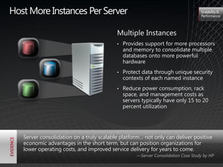 Host More Instances Per Server                                                    Scalability &
                                                                                  Performance



                                          Multiple Instances
                                          •   Provides support for more processors
                                              and memory to consolidate multiple
                                              databases onto more powerful
                                              hardware
                                          •   Protect data through unique security
                                              contexts of each named instance
                                          •   Reduce power consumption, rack
                                              space, and management costs as
                                              servers typically have only 15 to 20
                                              percent utilization




   Server consolidation on a truly scalable platform… not only can deliver positive
   economic advantages in the short term, but can position organizations for
   lower operating costs, and improved service delivery for years to come.
                                                   —Server Consolidation Case Study by HP
 