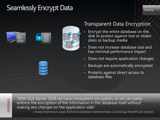 Seamlessly Encrypt Data                                                                         Security




                                                        Transparent Data Encryption
                                                        •   Encrypt the entire database on the
                                                            disk to protect against lost or stolen
   Employee          1100101        11001       11001
   Marc              0010100        01001       01001
                     1010011        01001       01001
   Boyer

                                                            disks or backup media
                     1010110        01001       01001
   Salary:           0101001
   $40.000           1000111
                                        11001
                                        01001
                                        01001

                                                            Does not increase database size and
                                        01001
                                                        •
                                                            has minimal performance impact
                                                        •   Does not require application changes
                                                        •   Backups are automatically encrypted
                                                        •   Protects against direct access to
                                                            database files




   ―With SQL Server 2008 we have transparent encryption, so we can easily
   enforce the encryption of the information in the database itself without
   making any changes on the application side.‖
              —Avad Shammout, Lead Technical Database Administrator, CareGroup HealthCare System
 