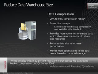Reduce Data Warehouse Size                                                                   Business
                                                                                               Intelligence



                                                     Data Compression
                                                     •   20% to 60% compression ratios*
                                                     •   Saves disk storage
                                                          ‒   Can be used with backup compression,
                                    1001010
                                                              now available with standard
                                    0101001


                                                         Provides more room to store more data,
                                    0100001
                          1001010
                          0101001
                                    1111011
                                    0101001          •
                          0100001
                          1111011
                          0101001
                                                         which allows more instances to share
                                                         disk resources
                                                     •   Reduces data size to increase
                                                         performance
                                                     •   Moves more applications to the data
                                                         center based on reduced storage


            "We’re anticipating an 80 percent reduction in our backup file sizes using
            backup compression on SQL Server 2008.‖
                                                 —Peter Hammond, President, CyberSavvy

*Stated percentages are typical but not guaranteed
 