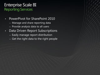 Enterprise Scale BI
Reporting Services

•   PowerPivot for SharePoint 2010
    ‒ Manage and share reporting data
    ‒ Provide analysis data to all users

•   Data Driven Report Subscriptions
    ‒   Easily manage report distribution
    ‒   Get the right data to the right people
 