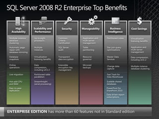 SQL Server 2008 R2 Enterprise Top Benefits

     High             Scalability and          Security       Manageability        Business          Cost Savings
   Availability        Performance                                               Intelligence

 Multiple instance    Up to eight           Common            Application and   Partitioned cubes    Virtualization
 database             processors            Criteria          multi-server                           licensing benefits
 clustering                                 Certification     management

 Automatic page       Multiple              SQL Server        Table             Star join query      Application and
 repair with          instances             audit             partitioning      optimizations        multi-server
 database mirroring                                                                                  management

 Database             Virtualization        Transparent       Resource          Master Data          Data compression,
 snapshots            licensing benefits    data encryption   governor          Services             including UCS-2

 Online               Data                  Extensible        Mirrored
                                                                                Change data          Multiple instance
 operations           compression,          encryption key    backups
                                                                                capture              database clustering
                      including UCS-2       management

 Live migration       Partitioned table                                         Fast Track for
                      parallelism                                               Data Warehouse

 Hot-add CPU          StreamInsight                                             Scalable shared
 and RAM              (serial processing)                                       databases
 Peer-to-peer                                                                   PowerPivot for
 replication                                                                    SharePoint 2010
                                                                                Data driven report
                                                                                subscriptions




ENTERPRISE EDITION has more than 60 features not in Standard edition
 