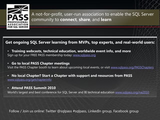 www.sqlpass.org


                                                                 www.sqlpass.org/PASSChapters


www.sqlpass.org/getchapterinfo



                                                                    www.sqlpass.org/na2010




 Follow / Join us online: Twitter @sqlpass #sqlpass, LinkedIn group, Facebook group
 