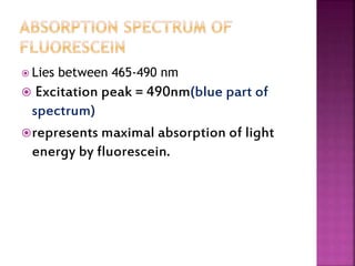  Lies between 465-490 nm
 Excitation peak = 490nm(blue part of
spectrum)
represents maximal absorption of light
energy by fluorescein.
 