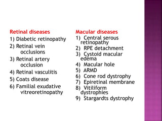 Retinal diseases
1) Diabetic retinopathy
2) Retinal vein
occlusions
3) Retinal artery
occlusion
4) Retinal vasculitis
5) Coats disease
6) Familial exudative
vitreoretinopathy
Macular diseases
1) Central serous
retinopathy
2) RPE detachment
3) Cystoid macular
edema
4) Macular hole
5) ARMD
6) Cone rod dystrophy
7) Epiretinal membrane
8) Vitiliform
dystrophies
9) Stargardts dystrophy
 