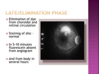 Elimination of dye
from choroidal and
retinal circulation
 Staining of disc –
normal
 In 5-10 minutes
fluorescein absent
from angiogram
 And from body in
several hours
 