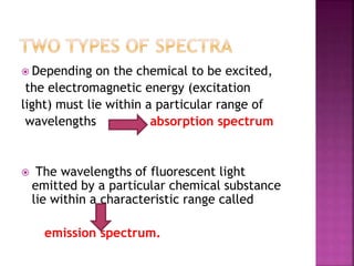  Depending on the chemical to be excited,
the electromagnetic energy (excitation
light) must lie within a particular range of
wavelengths absorption spectrum
 The wavelengths of fluorescent light
emitted by a particular chemical substance
lie within a characteristic range called
emission spectrum.
 