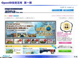 OpenID技術活用 第一弾




           All Rights Reserved,Copyright © K-Opticom Corporation   P.18
 