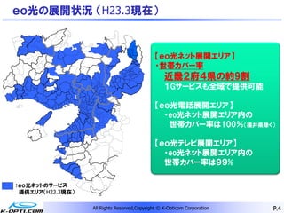 ｅｏ光の展開状況 （H23.3現在）



                                                  【ｅｏ光ネット展開エリア】
                                                  ・世帯カバー率
                                                      近畿２府４県の約9割
                                                      １Gサービスも全域で提供可能
                  川
                  西
                  市



                                                  【ｅｏ光電話展開エリア】
                                                    ・eo光ネット展開エリア内の
                                                     世帯カバー率は100％（福井県除く）
         緑町
   西淡町
         三原町

     南淡町


                                                  【ｅｏ光テレビ展開エリア】
                                                    ・eo光ネット展開エリア内の
                                                    世帯カバー率は９９%
                         熊野川町
                                新宮市




：ｅｏ光ネットのサービス
 提供エリア（H23.3現在）

                      All Rights Reserved,Copyright © K-Opticom Corporation   P.4
 