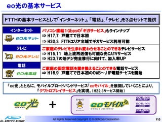 ｅｏ光の基本サービス

ＦＴＴＨの基本サービスとして「インターネット」、「電話」、「テレビ」を３点セットで提供

 インターネット   パソコン直結１Gｂpsの「ギガサービス」もラインナップ
           ⇒ H17.7 戸建てで日本初
           ⇒ H20.3 FTTHエリア全域でギガサービス利用可能
   テレビ     ご家庭のテレビを生まれ変わらせることのできるテレビサービス
           ⇒ H15.11 地上波再送信も可能な光CATVサービス
           ⇒ H23.7の地デジ完全移行に向けて、加入率ＵＰ
   電話
           ご家庭の固定電話を置き換えることのできる電話サービス
           ⇒ H16.9 戸建てで日本初の０AB～J IP電話ｻｰﾋﾞｽを開始


「eo光」とともに、モバイルブロードバンドサービス「eoモバイル」を展開していくことにより、
          『クワトロプレイサービス』を実現。（H22.3サービス開始）


             ＋
              All Rights Reserved,Copyright © K-Opticom Corporation   P.6
 