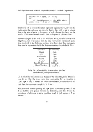 19
This implementation makes is simple to construct a chain of K-opt moves:
GainType G0 = C(t1, t2), Gain;
do
t2 = BestKOptMove(t1, t2, &G0, &Gain);
while (Gain <= 0 && t2 != NULL);
The loop is left as soon as the chain represents a gainful move, or when the
chain cannot be prolonged anymore. In theory, there will be up to n itera-
tions in the loop, where n is the number of nodes. In practice, however, the
number of iterations is much smaller (due to the positive gain criterion).
The time complexity for each of the iterations, that is, for each call of Best-
KOptMove, may be evaluated from the time complexities for the sub-opera-
tions involved. In the following sections it is shown that these sub-opera-
tions may be implemented with the time complexities given in Table 5.1.1.
Operation Complexity
PRED O(1)
SUC O(1)
Excludable O(1)
Added O(K)
Deleted O(K)
FeasibleKOptMove O(KlogK)
MakeKOptMove O( N )
Table 5.1.1. Complexities for operations involved
in the search for sequential moves.
Let d denote the maximum node degree in the candidate graph. Then it is
easy to see that the worst case time complexity for an iteration is
O(dK
KlogK + n ). If d and K are small compared to n, which usually is the
case, then the worst-time complexity is O( n ).
Note, however, that the quantity dK
KlogK grows exponentially with K if d
2, and that this term quickly becomes the dominating one. This stresses the
importance of choosing a sparse candidate graph if high values of K are
wanted.
 